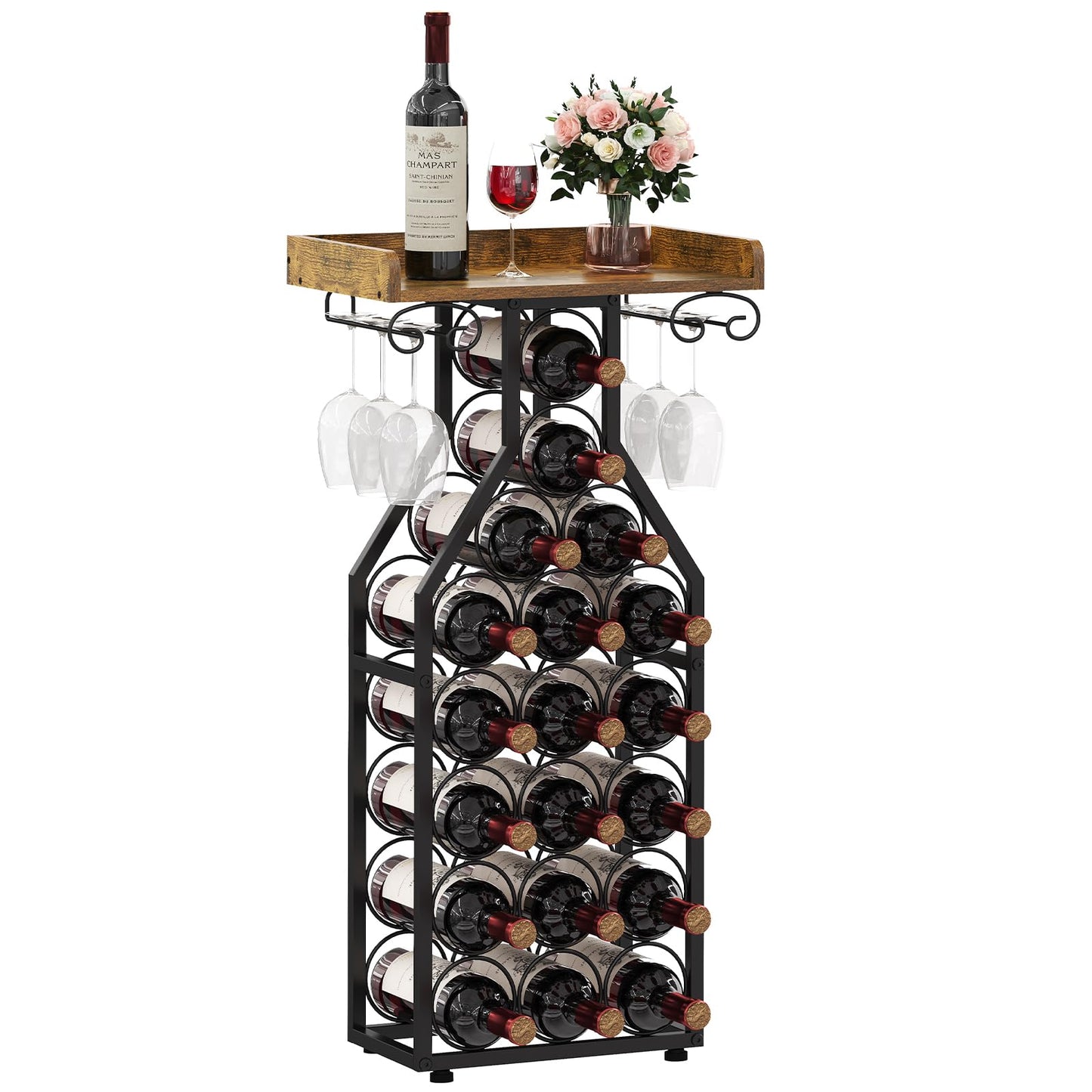 X-cosrack Wine Rack Freestanding Floor, Wine Storage Rack Mini Bar Table with Tabletop, Glass Holder Wine Bottle Display Stand Liquor Cabinet for Home Bar Kitchen Living Room