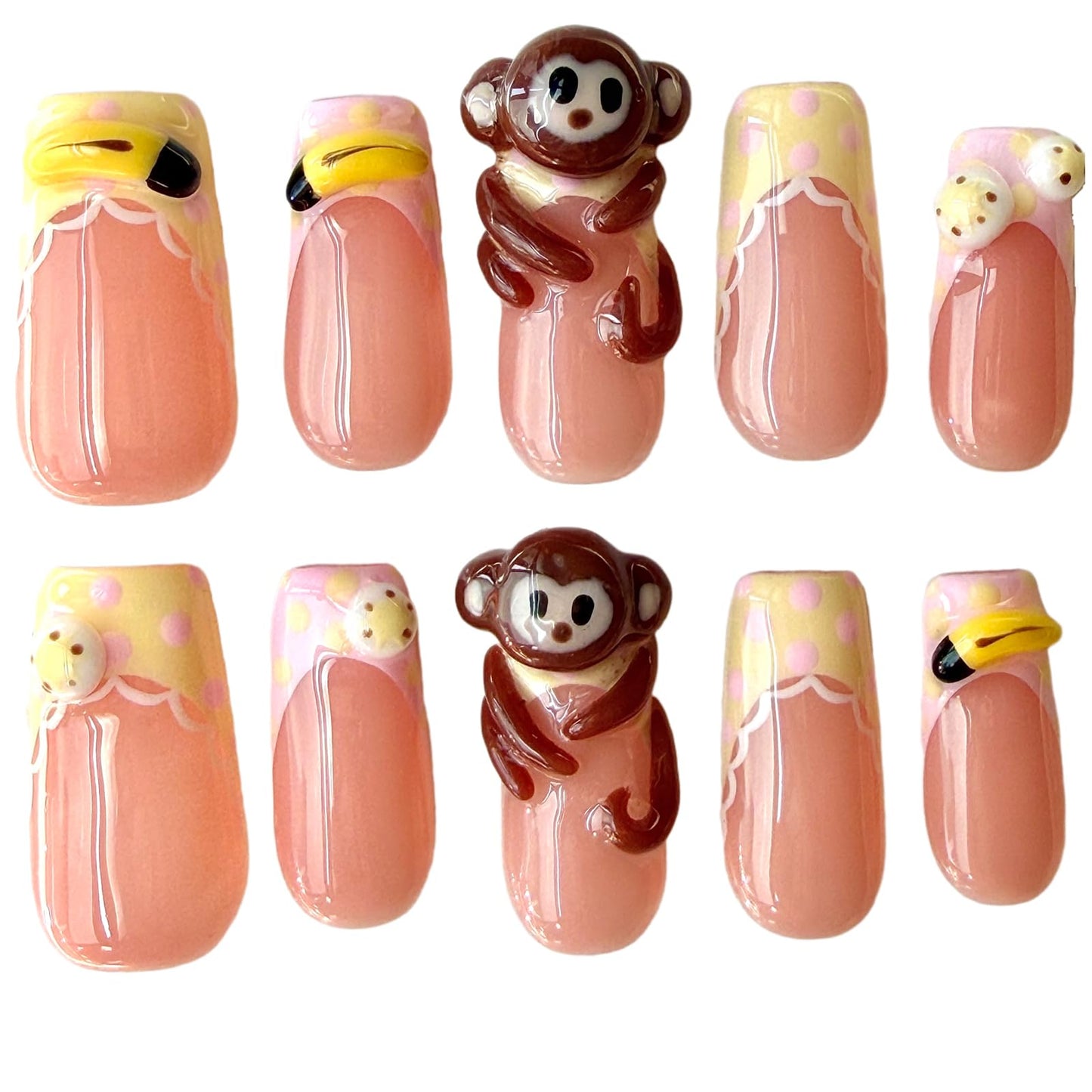 Handmade Press On Nails Cute Monkey 3D Cartoon Banana Lace Trim Medium/Short Square Acrylic False Nails Kawaii Polka Dot (L)