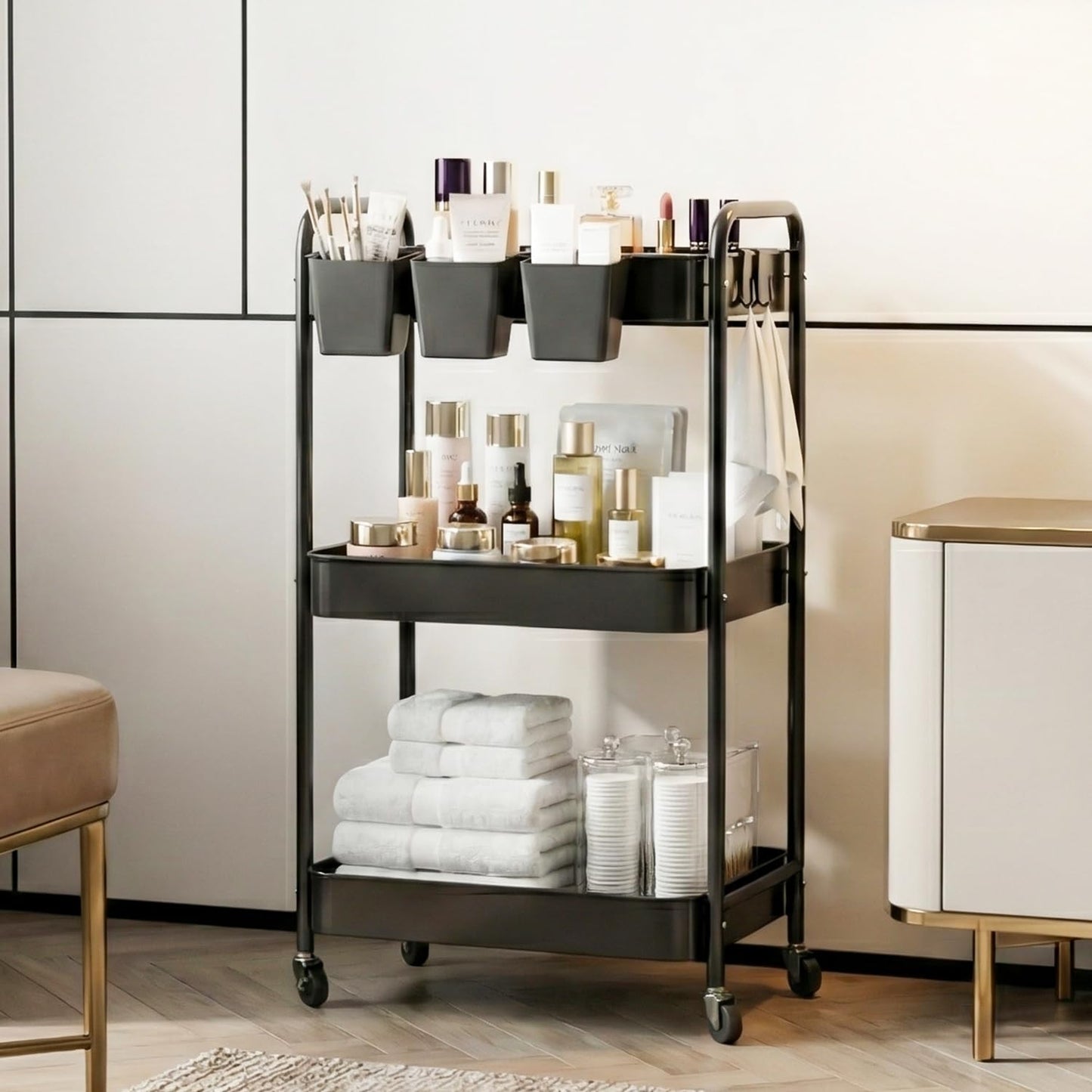 JAQ Makeup Carts, 3-Tier Metal Rolling Utility Storage Organizer Cart Shelf with Wheels for Craft Office Supplies Diapper Snack in Bathroom Kitchen Laundry Classroom Dorm -(3-Tier,Black