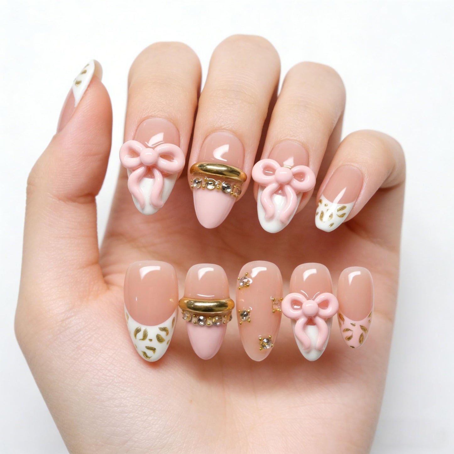 Handmade Press on Nails Almond Shape 3D Cute Glue on Nails for Women, Luxury Homemade Press on Nail Art Design, Fake Nails with 3D Nail Charms Size M 12