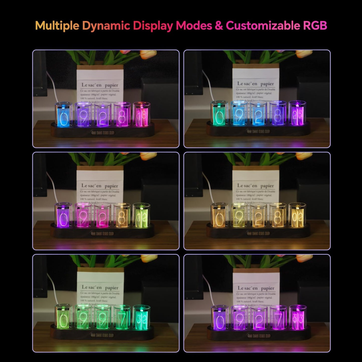 XEANIXIE Retro Simulate Nixie Tube LED Gaming Clock – 9 RGB Modes, 12/24H Switch, USB-C Powered, Plug & Play (Gift Box, ABS/Alloy)