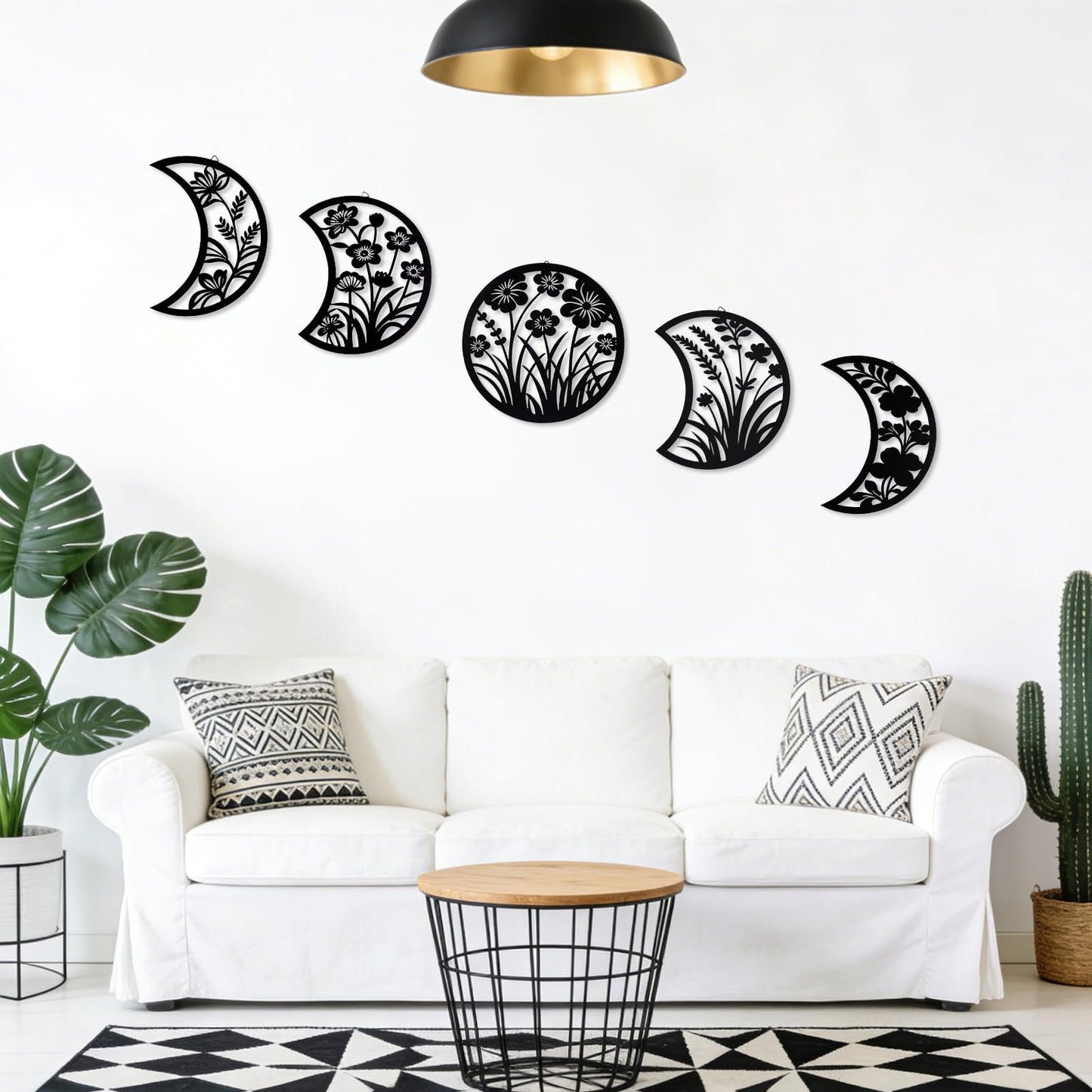 Larber 5PCS Black Metal Moon Phase Wall Hanging Decor 7.5–10 inch Moon Phase Wall Art with Floral & Herb Silhouettes Boho Lunar Aesthetic Art for Bedroom Gift Bathroom Restaurant Wall