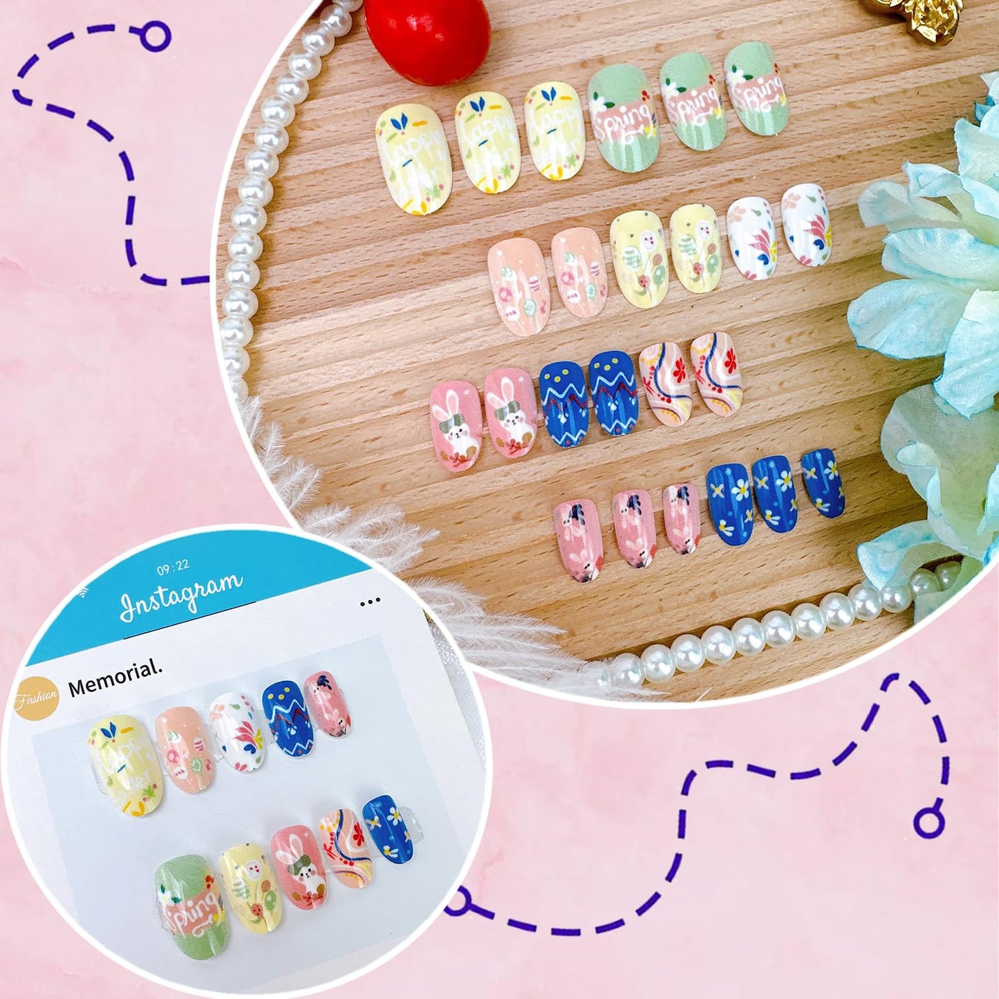 24Pcs Happy Easter Press on Nails Short Oval Fake Nails with Spring Flower Designs Glue on Nails Cute Rabbit Acrylic Nails Easter Egg False Nails Flower Bunny Full Cover Artificial Nail for Women