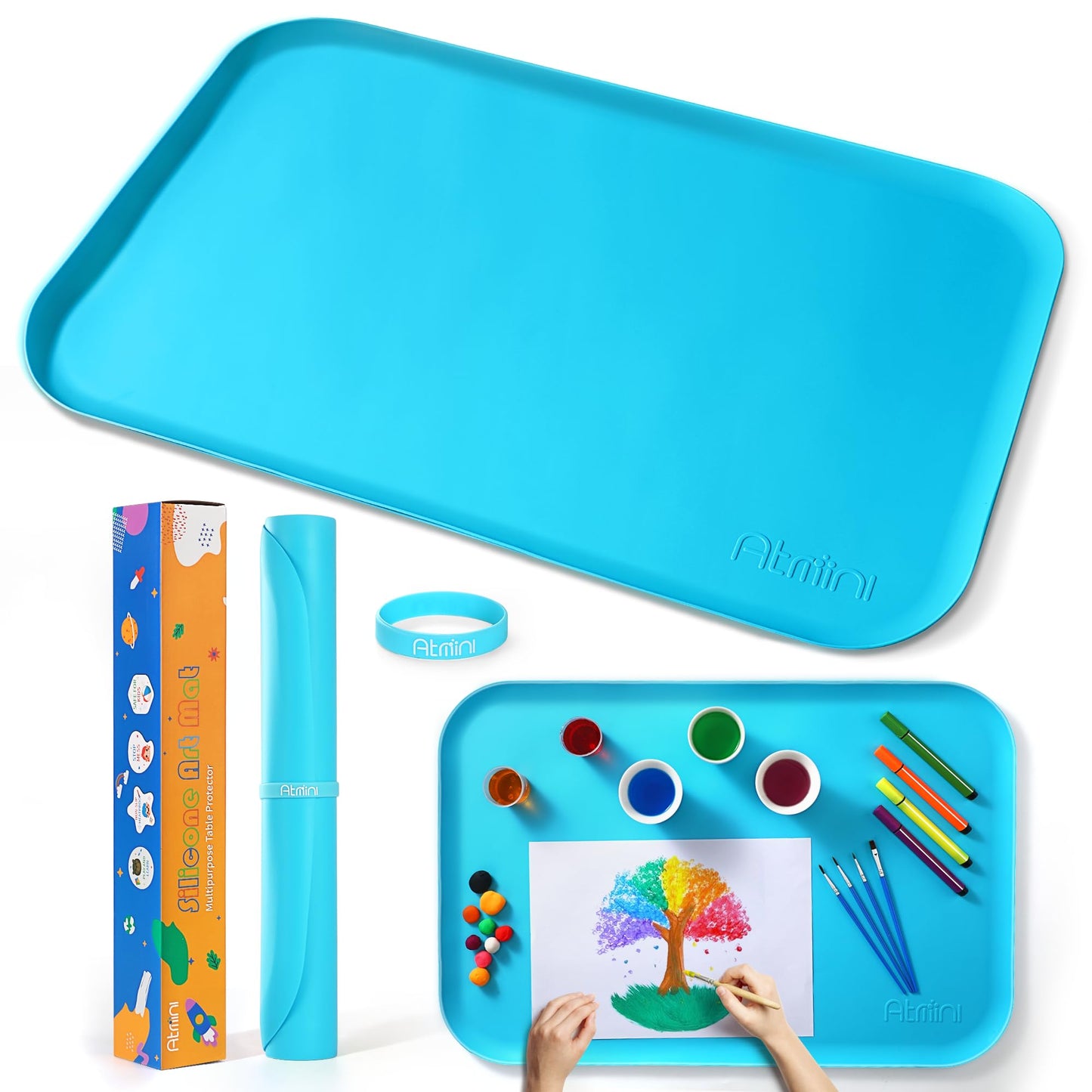 AtMini Silicone Craft Mats for Kids 24"x16"– with Raised Lip & Non-Slip | Reusable Silicone Art Mat for Play Sand, Painting, DIY Crafts | Durable Design (Blue)