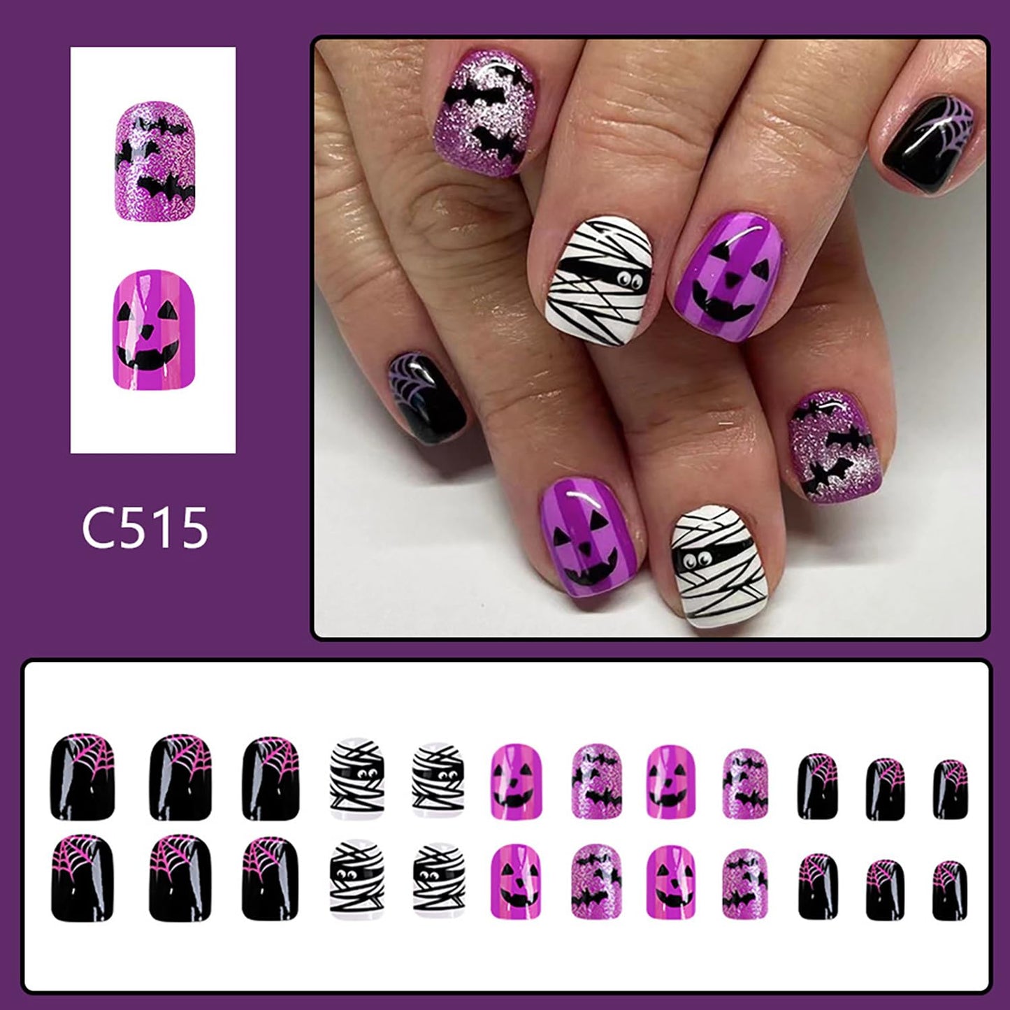 Halloween Press on Nails Short Square Fake Nails with Bat & Spider Web Designs Purple Gradient False Nail Sliver Glitter Stick on Nail Glue on Nails Bling Artificial Acrylic Nail for Women 24Pcs