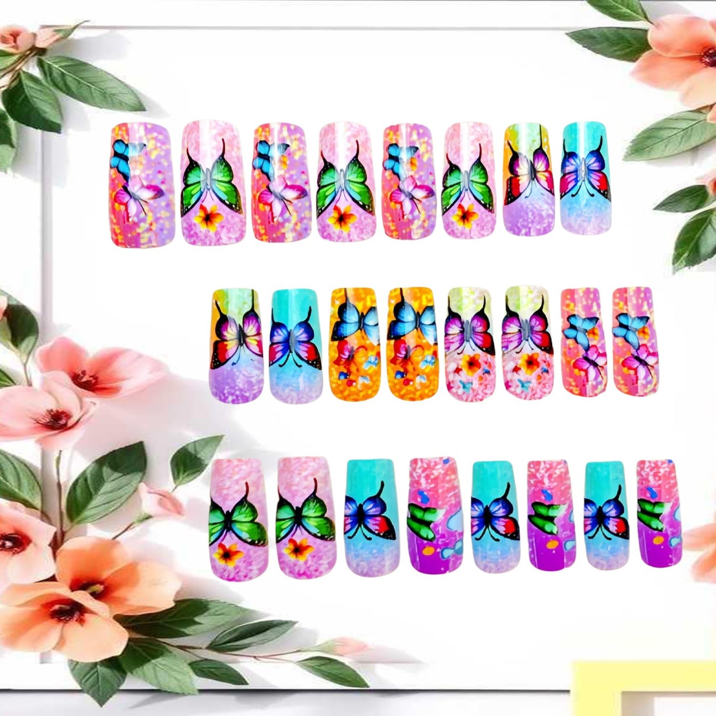 Butterfly Press on Nails Medium Ballet Shaped Gradient False Nails Press Ons with Colorful Butterflies Flower Pattern Design Artificial Fake Nails Full Cover Acrylic Stick on Nail for Women 24Pcs