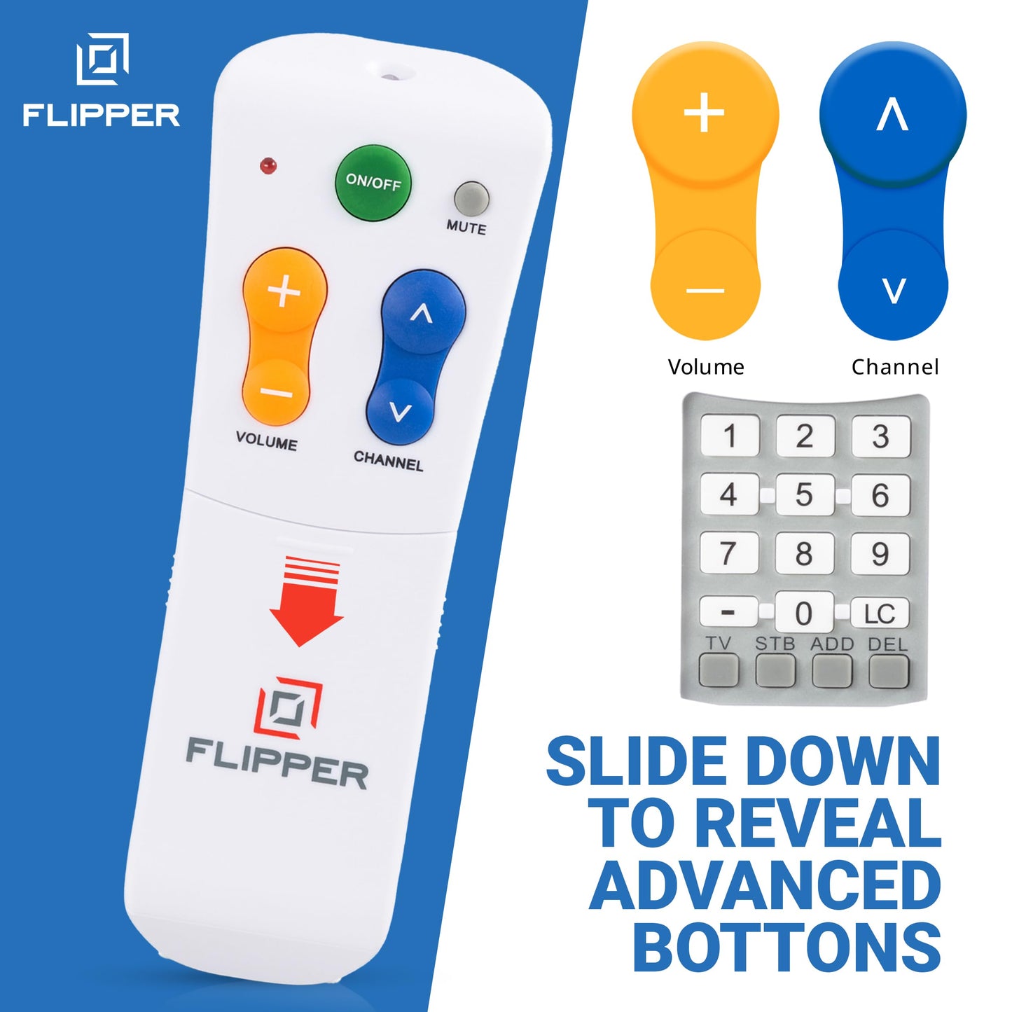 Flipper Big Button Universal TV Remote for Seniors, Dementia - Works Both TV Only or TV & Cable (STB) Set Up - Favorites, IR Devices Spectrum, Xfinity, Samsung, Vizio, LG [Does not Work Streaming]
