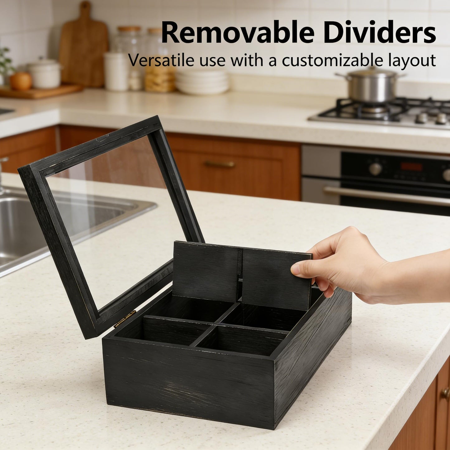 Alsonerbay Wooden Tea Box Tea Bag Holder Kitchen Storage Chest Box for Spice Pouches and Sugar Packets with 8 Compartments and Glass Window Weathered Black