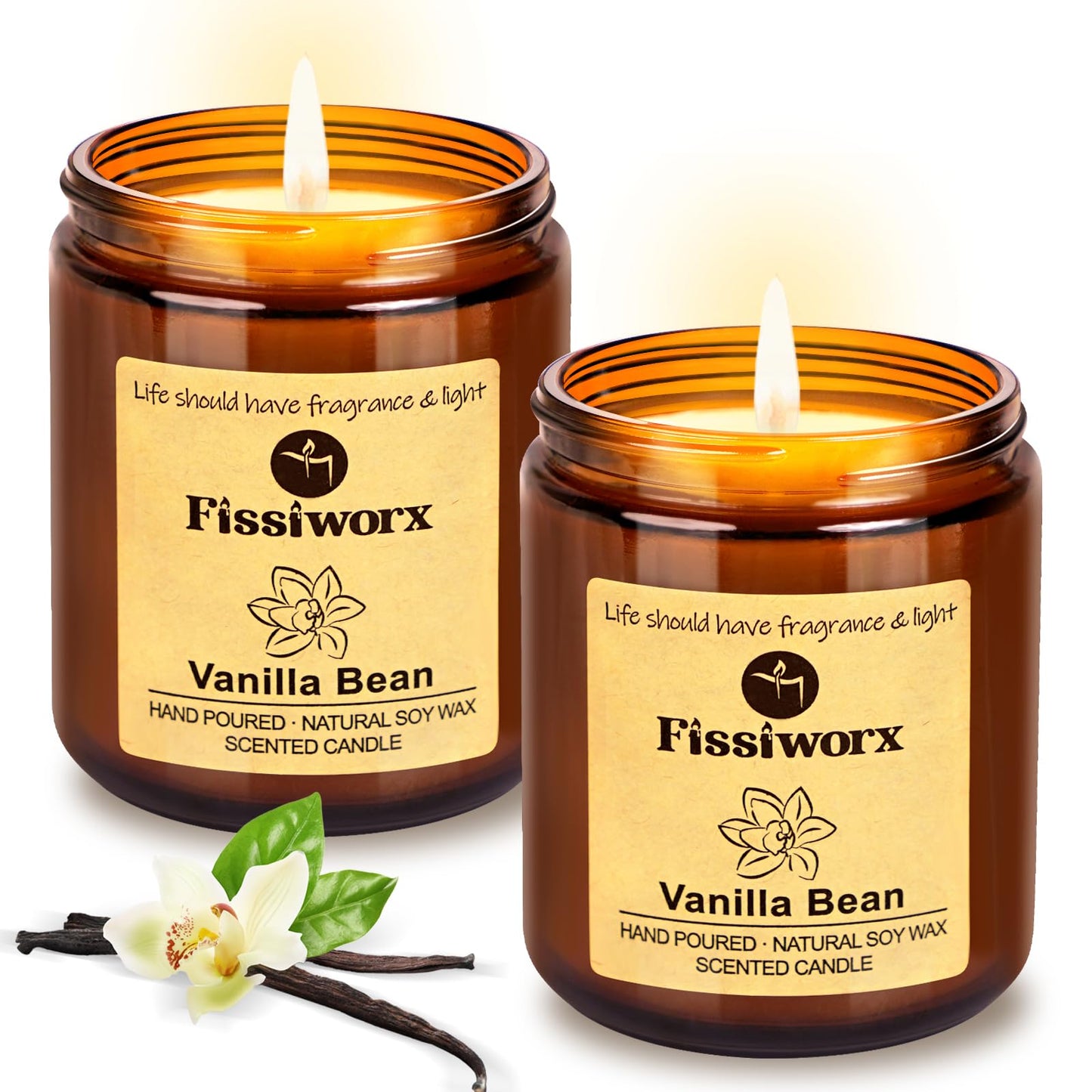 Fissiworx Vanilla Scented Candle Set 2 Pack, Candle for Home Scented, Odor Eliminating, Stress Relief, 15oz, 110 Hours Long Lasting Candles, Soy Candle Gift Set for Women