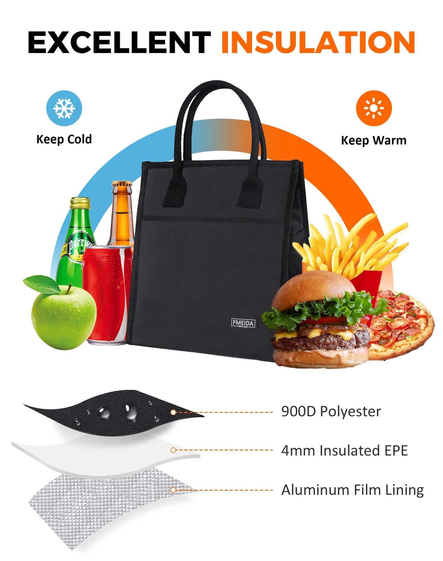 Fmeida Insulated Lunch Bag Women Men, 9L Large Lunch Bags with Multiple Pockets, Reusable Thermal Cooler Tote for Work, Office, Picnic, Travel | Hook and Loop Closure, Black