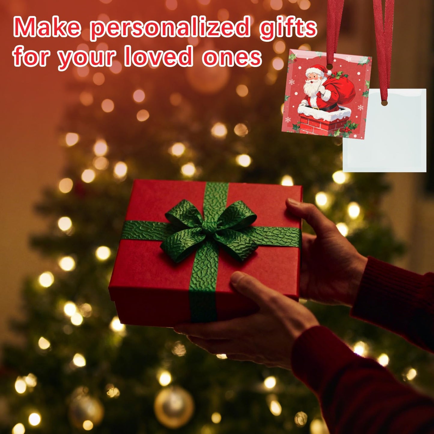 24 PCS Glass Sublimation Blanks Ornament Sublimated Glass Square 3 Inch with Red Ribbons,Personalized Christmas Ornaments