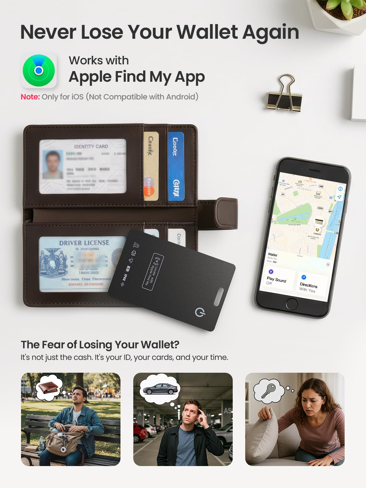 LOXP Wallet Tracker Card – Works with Apple Find My [Apple MFi Certified, iOS Only], Slim 1.65mm Bluetooth Item Finder, IP68 Waterproof, Wireless Rechargeable GPS Locator for Wallet, Keys & Luggage
