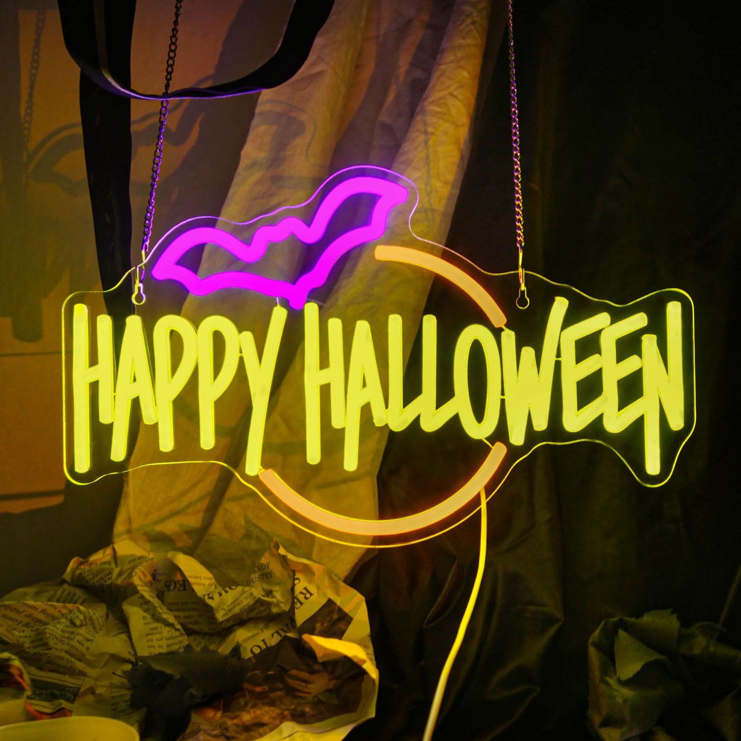 Gevbay Happy Halloween Neon Sign Bat LED Light Up for Bedroom Home Bar Halloween Decor Trick or Treat Party Backdrop USB Powered