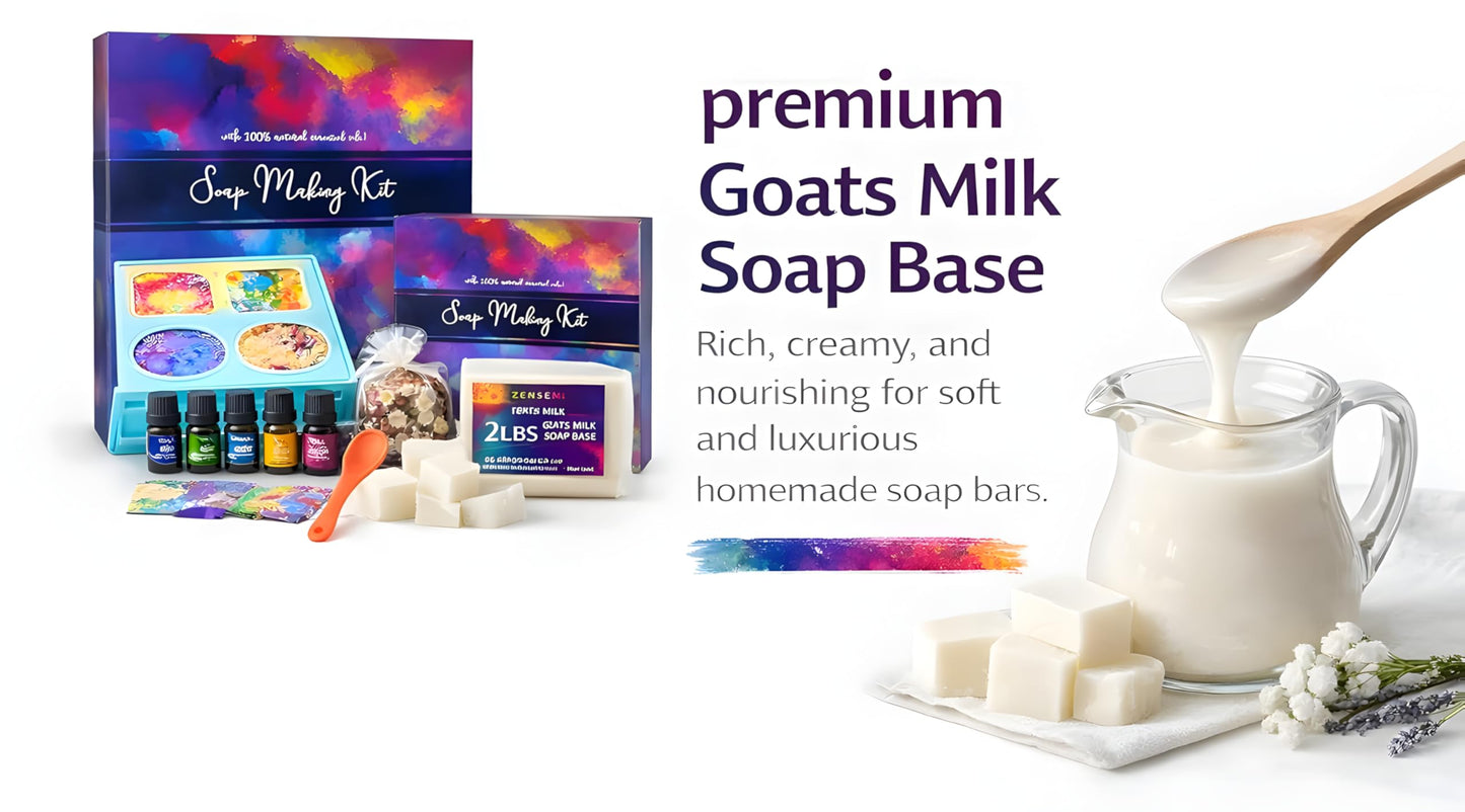 Soap Making Kit for Adults, Make Your Own Soap with Melt & Pour diy gentle soap supplies; 6 Essential Oils, Silicone Soap Mold, Spoon, Dried Flowers, 1.5lbs. Goats Milk Soap Base, 4 Colors, 9 Labels