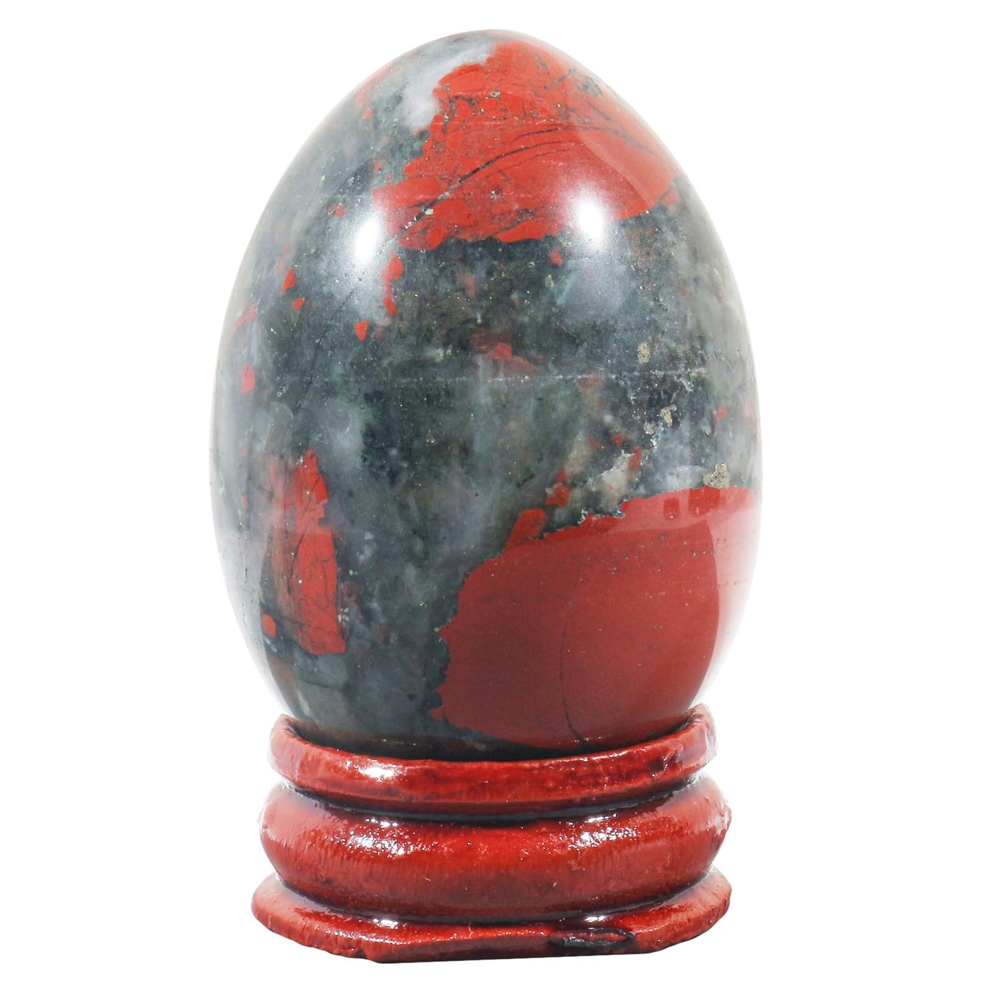 Fekuar Stone Egg Figurine, Polished Healing Crystal Easter Eggs Sphere Sculpture with Wood Stand, Natural Africa Bloodstone, 1.8"