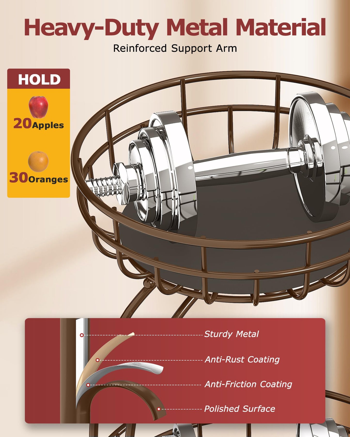 Sevenblue 2 Tier Large Fruit Basket for Kitchen Counter with Removable Banana Hanger - Sturdy Iron Fruit Bowl for Kitchen Counter and Vegetable Holder, Fruit Holder for Kitchen Countertop, Brown
