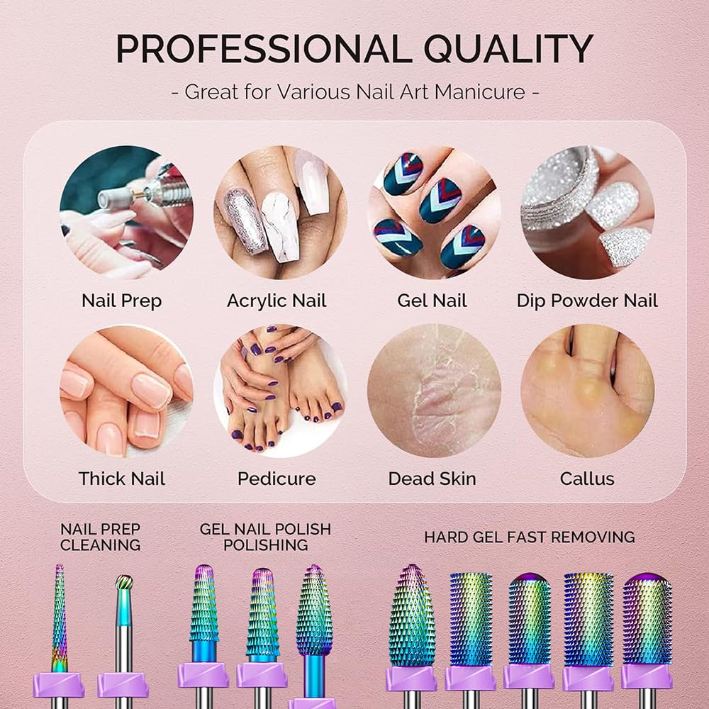 GLIX 10-in-1 Professional Nail Drill Bits Set, Rainbow Tungsten Carbide E File Bits for Acrylic Nails & Gel Polish Removal, 3/32" Shank Russian Manicure Kit with Safety Cuticle Ball & Flame Bit