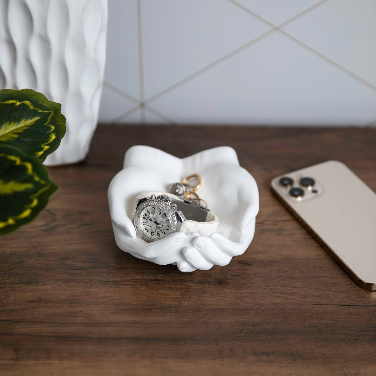 Danya B. CSK8076 Handle with Care Hands Holder, White Poly Resin Decorative Tray, Key Ring Jewelry Candle Trinket or Candy Dish, 5.25" W