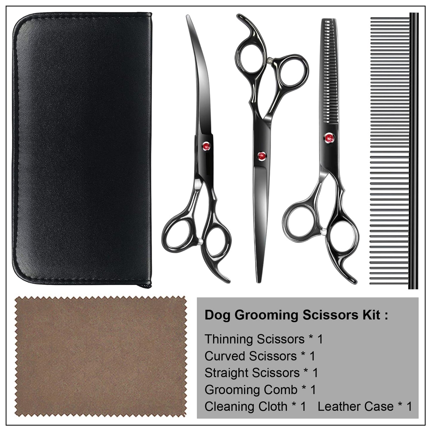 Professional Dog Grooming Scissors kit Black 5 in 1, Dog Shears for Grooming 6CR Premium Stainless Steel Grooming Scissors Kit for Dogs Cat Pet
