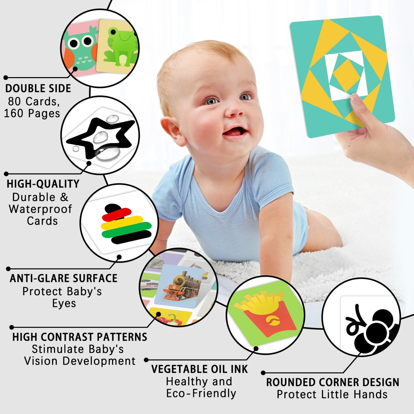 4 Sets High Contrast Baby Cards, 80 Pcs 160 Page Black White Colorful Baby Flashcards Newborn Toys for Infants Visual Stimulation Brain Sensory Development(0-36 Months)
