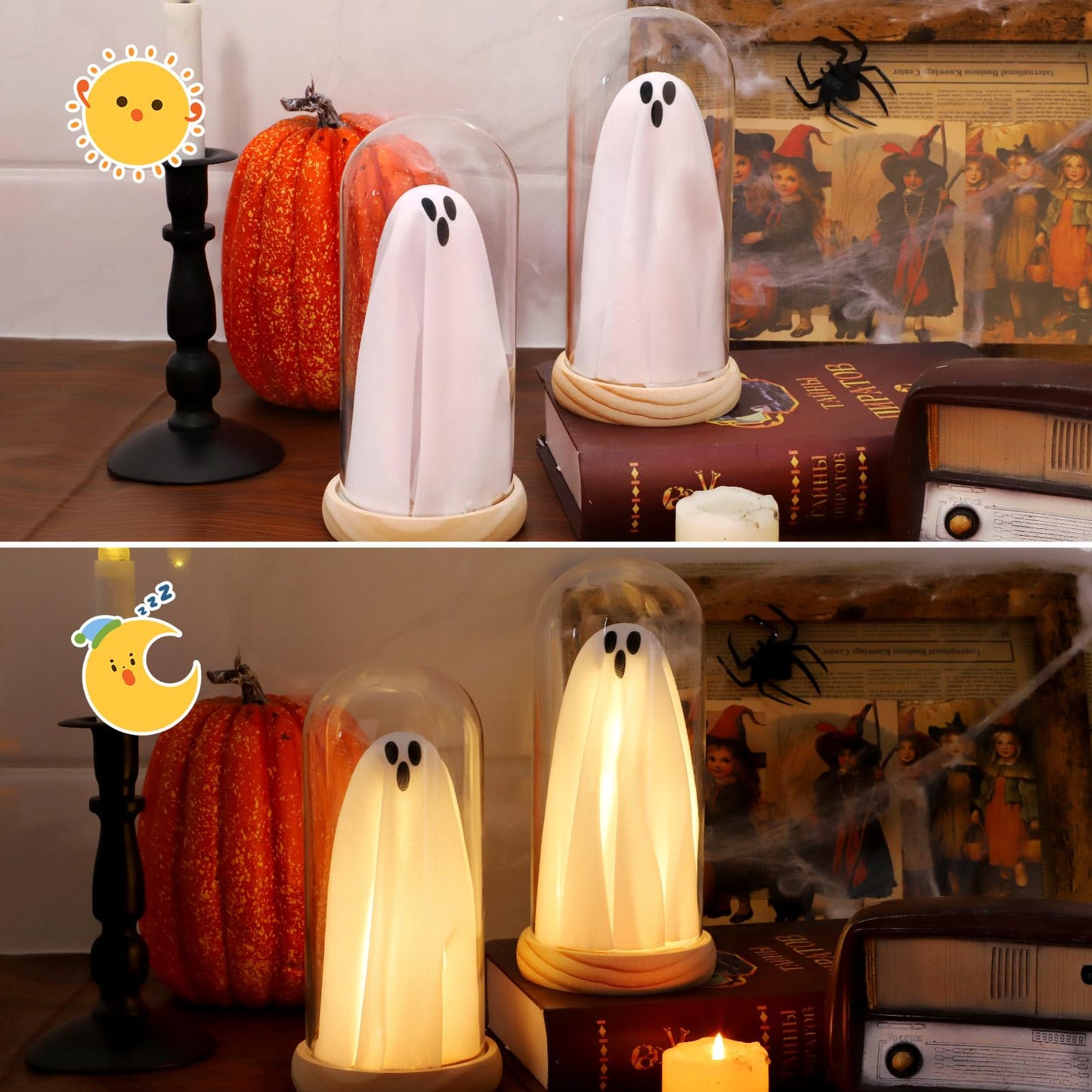 Halloween Decorations Indoor, Light Up Ghosts in Glass Domes with Wood Base, Cute Halloween Decor for Table, Fireplace, Bookshelf – Spooky Halloween Decor Kit (2 Pack)
