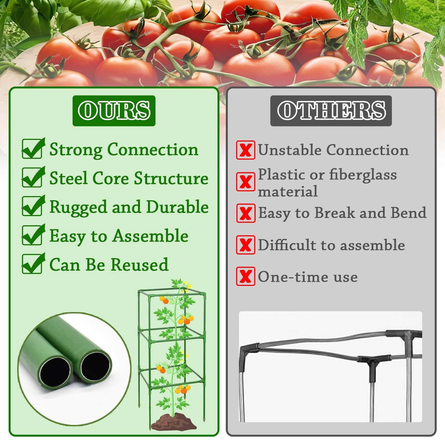 ZeeDix 6 Pack Heavy Duty Tomato Cages for Garden 60 Inches, Square Adjustable Tomato Trellis Cage Climbing Plant Support Trellis Plant Cages for Climbing Vegetables Flowers with 40Pcs Clips