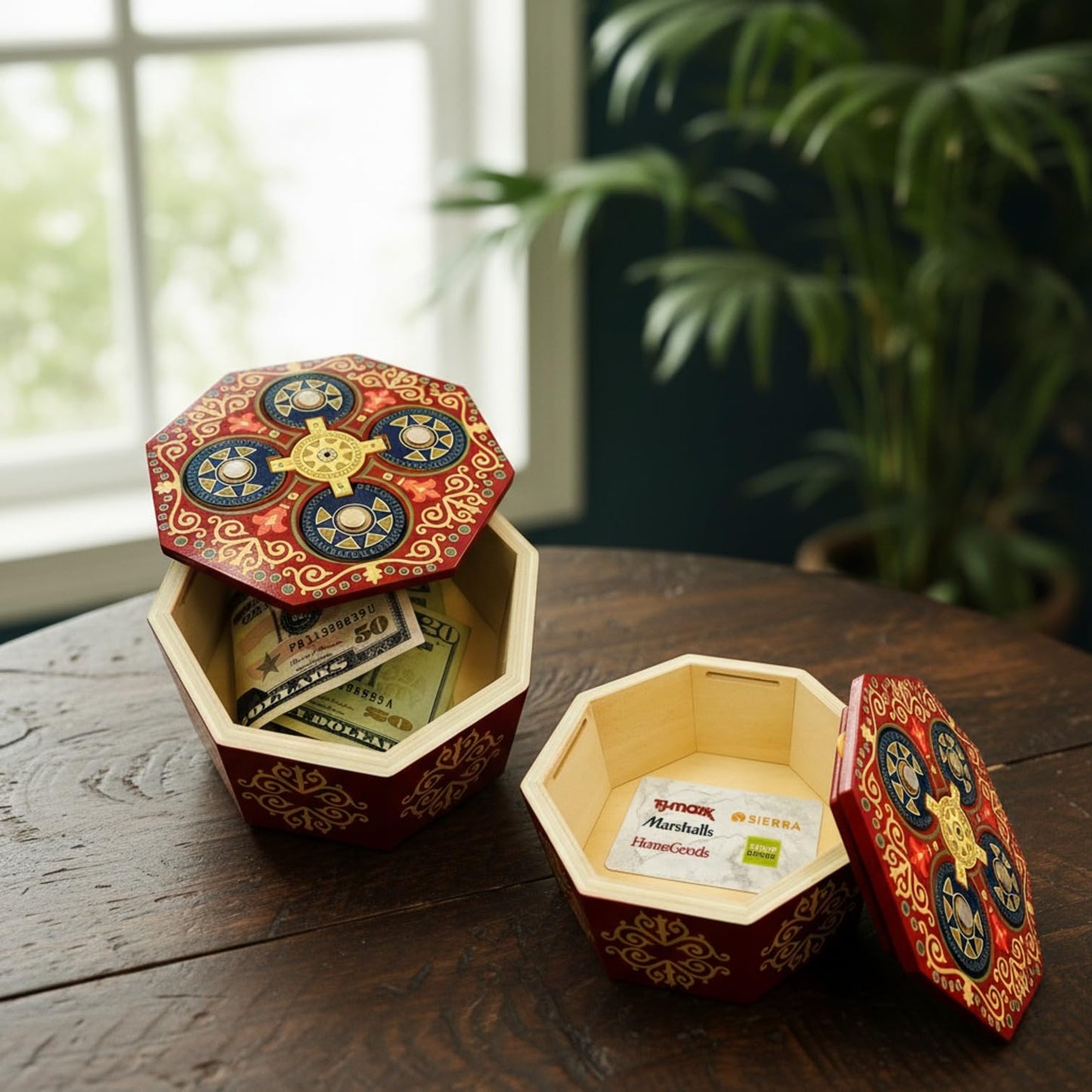 Magic Spin Secret Puzzle Box- Money and Gift Card Holder in a Wood IQ Tricky Lock Box with Hidden Compartments Brainteaser