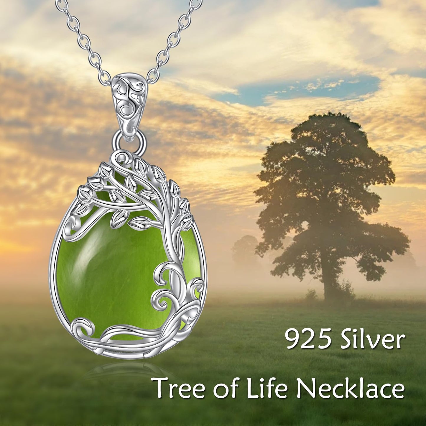 YAFEINI Sterling Silver Green Tree of Life Pendant - Natural Peridot Stone Necklace - Jewelry Gift for Women