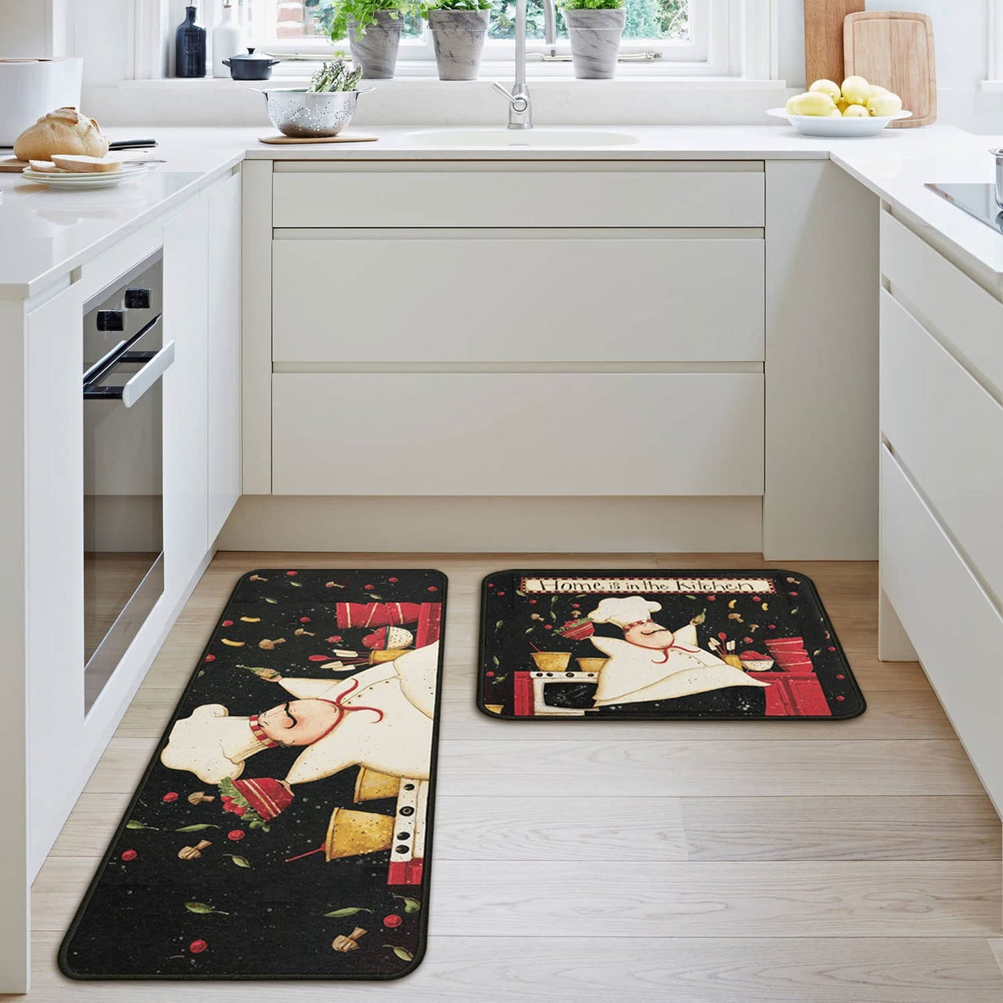 OUXIOAZ 2 PCS Kitchen Rugs and Mats Washable Non Skid, Soft Super Absorbent Fat Chef Kitchen Mat for Doormat Bathroom Runner Set (17"x47"+17"x30",Fat Chef)
