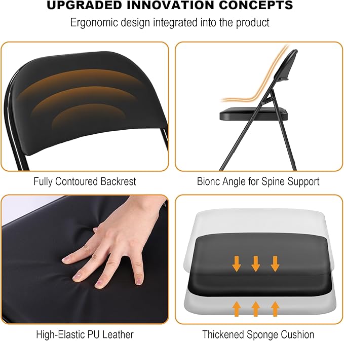 12 Pack Black Folding Chairs with Padded Cushion for Outside, Portable Stackable Commercial Metal Foldable Chairs with Steel Frame for Home Events Office Wedding Party, 350lbs Capacity