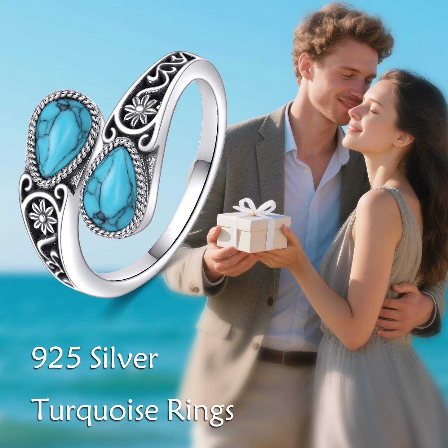 POPLYKE Turquoise Filigree Spoon Ring Sterling Silver Boho Western Turquoise Open Ring Statement Jewelry Gifts for Women