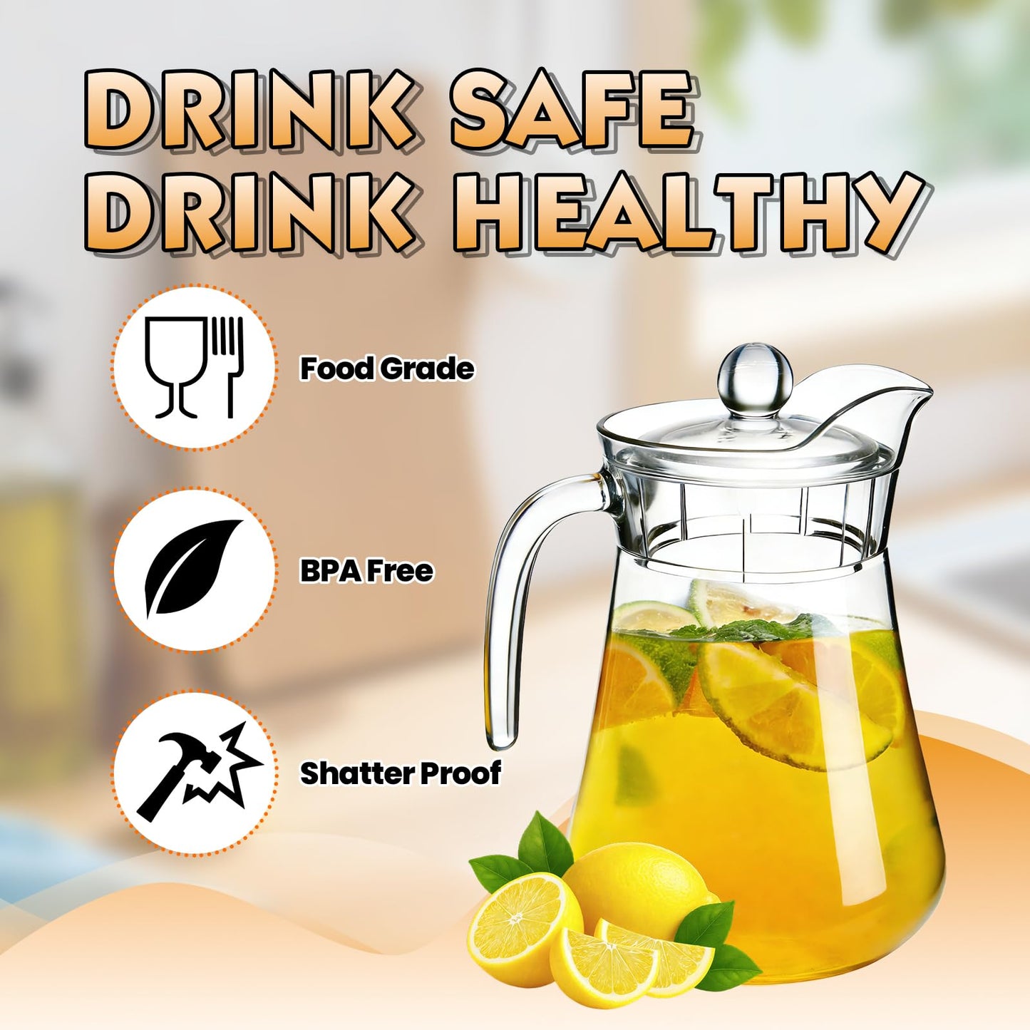 WELKOR Plastic Juice Pitcher with Lids & cups, 50 oz Large Capacity, Shatterproof & BPA-Free Water Jug for Tea, Lemonade, Sangria, Juice, Beverages