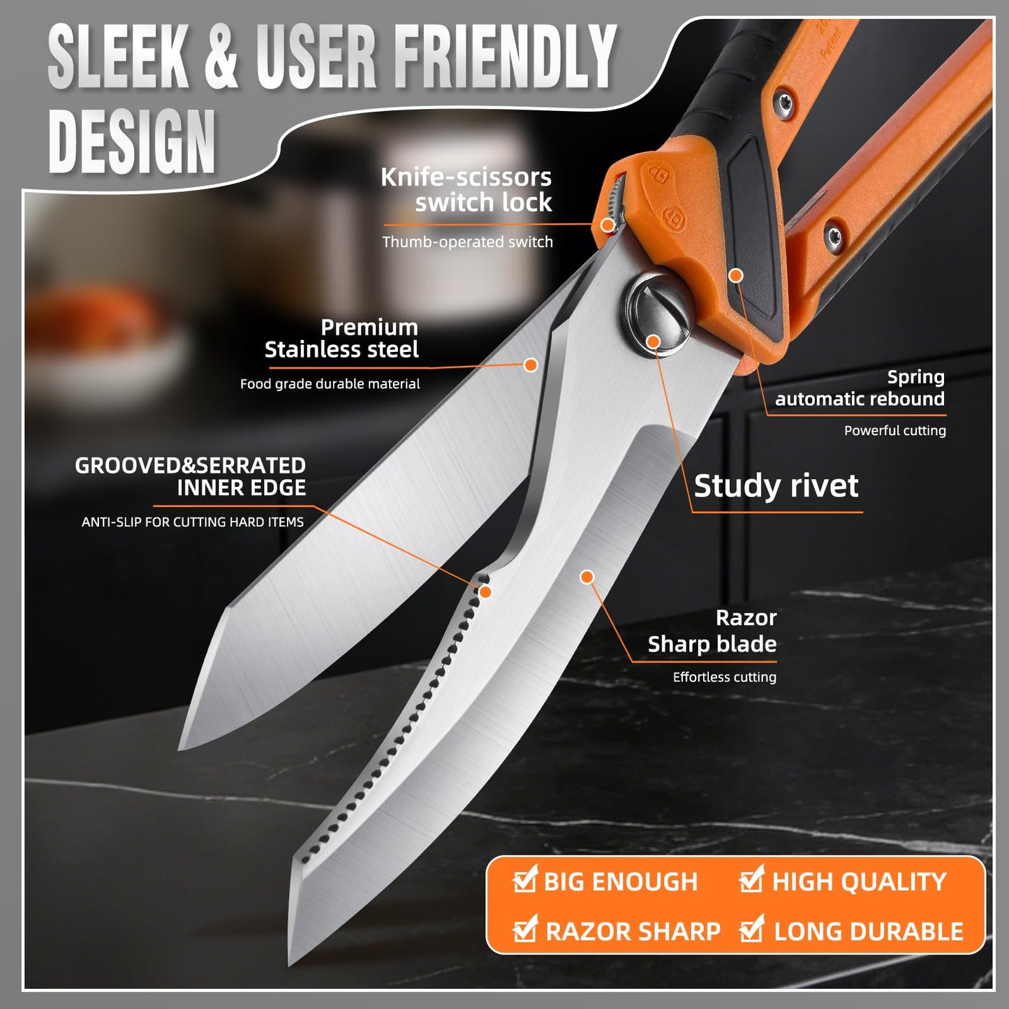 Chenovate® Heavy Duty Kitchen Scissors,Kitchen Shears with Knife & Scissor Switch Lock,Food Scissors Fit for Poultry Bones,Turkey,Meat Cutting,Veggies,Fish,Pizza(black)