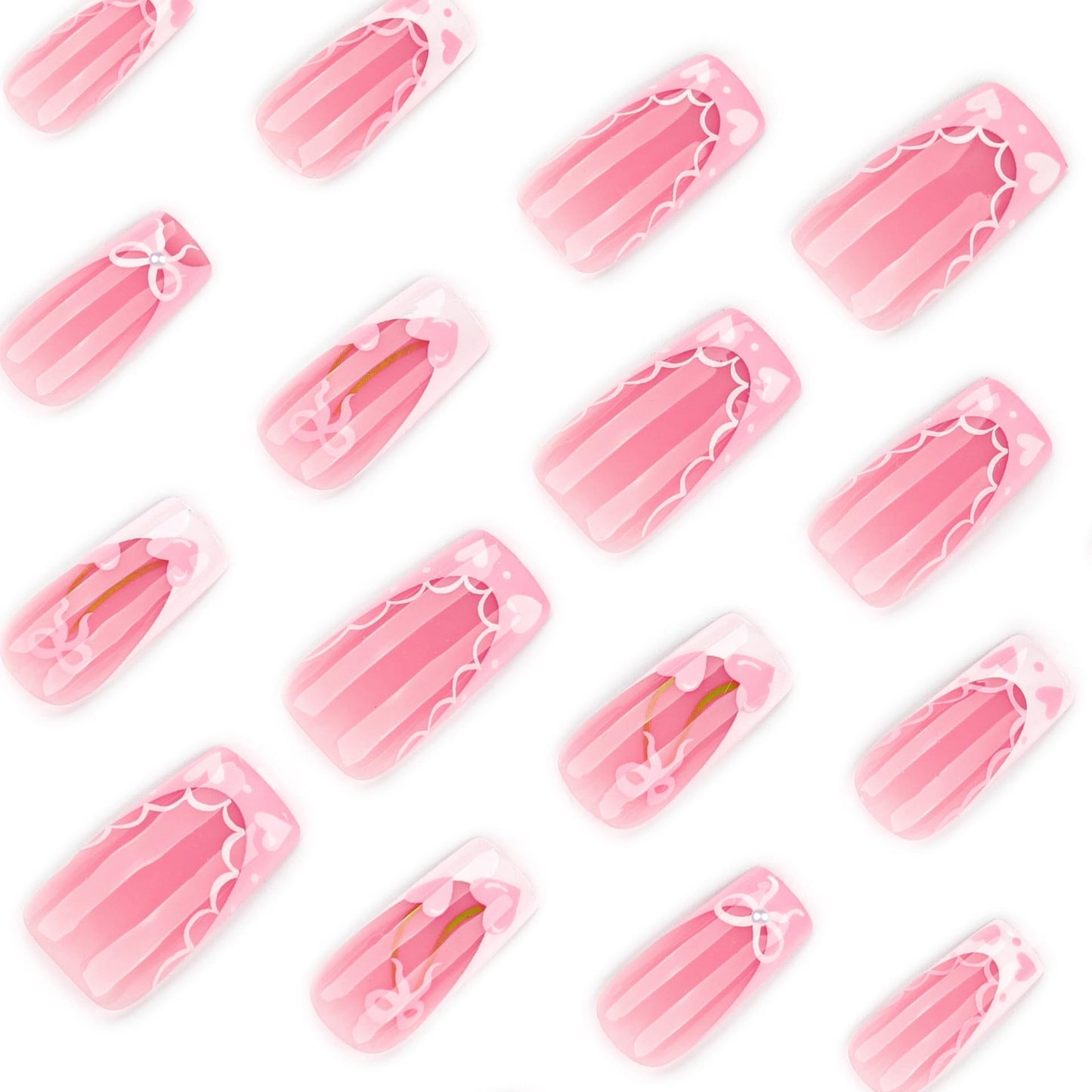 French Tip Press on Nails Medium Square Fake Nails Pink Bow Heart False Nails Glossy Lace Acrylic Nails Cute Reusable Full Cover Glue on Nails for Women Manicure 24Pcs
