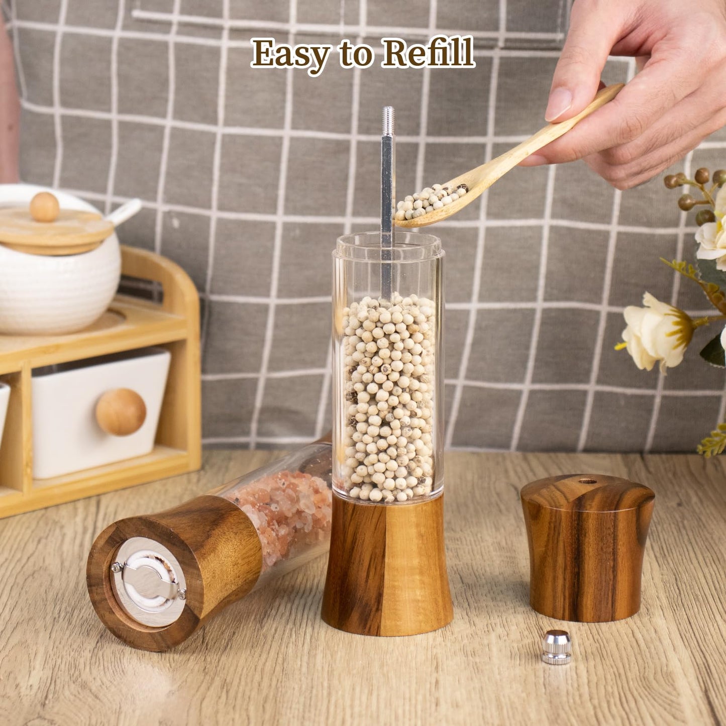 XWXO Acacia Wood Premium Acrylic Salt and Pepper Grinder Set 8 Inches Salt and Pepper Mill Set, Manual Mills- Wooden Shakers with Adjustable Ceramic Core 2 Pack for Kitchen Home Gift