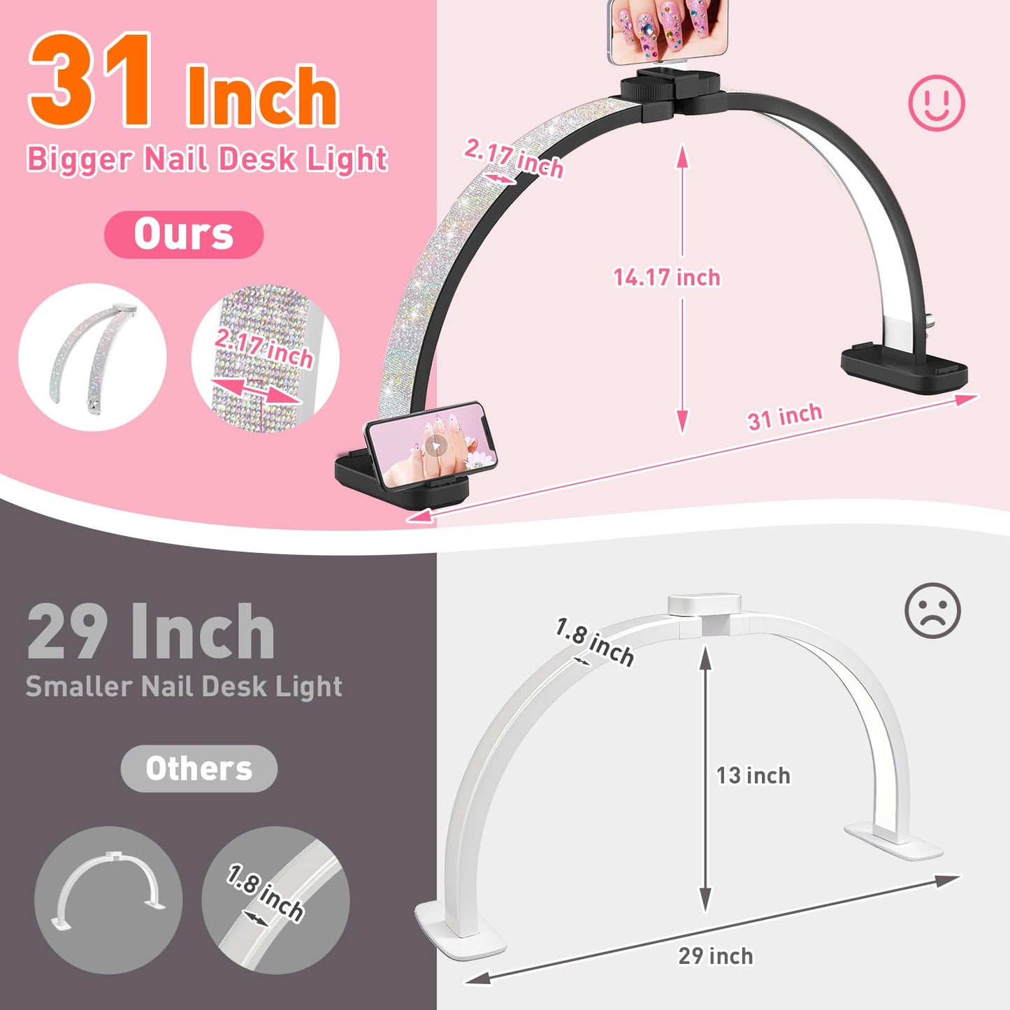 HITTI 31in Large Half Moon Light for Nail Desk, Foldable, Phone Stand, LED Adjustable Brightness and Color, 48W, Arch Nail Tech Table Lamp for Manicure, Craft, Art, Jewelry Making (Crystal Diamond)