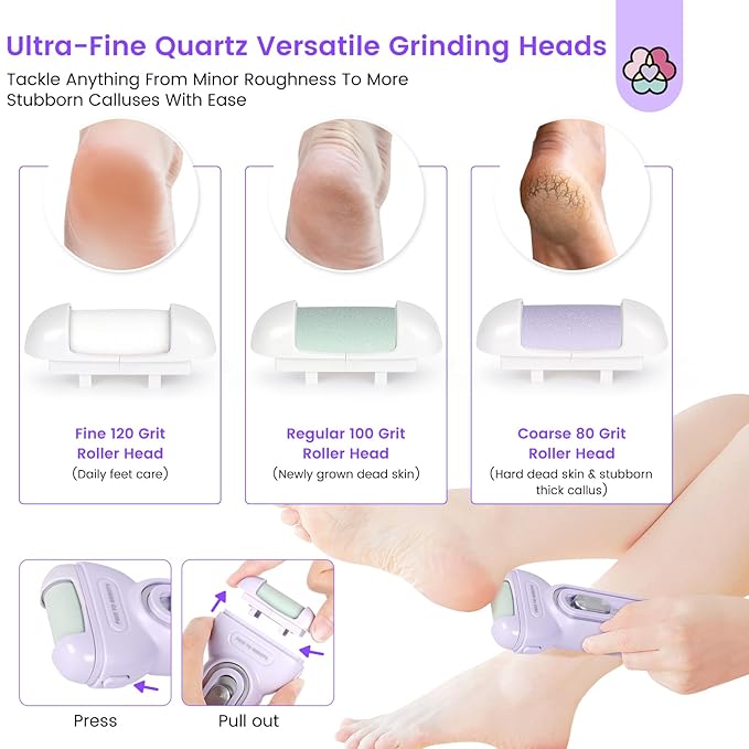 SAVILAND Electric Foot Scrubber 4000 RPM: Professional Callus Remover for Feet Hard Cracked Dry Skin Rechargeable Travel Foot File With 3 Roller Heads Waterproof Pedicure Kit Gifts for Athletes Women