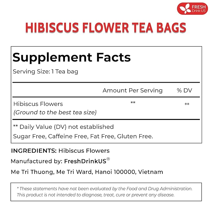 FreshDrinkUS, Premium 40 Hibiscus Flowers Tea Bags, 100% Natural, Pure from Hibiscus Flowers. Loose Flower Herbal Tea. No Sugar, No Caffeine, No Gluten, Vegan.