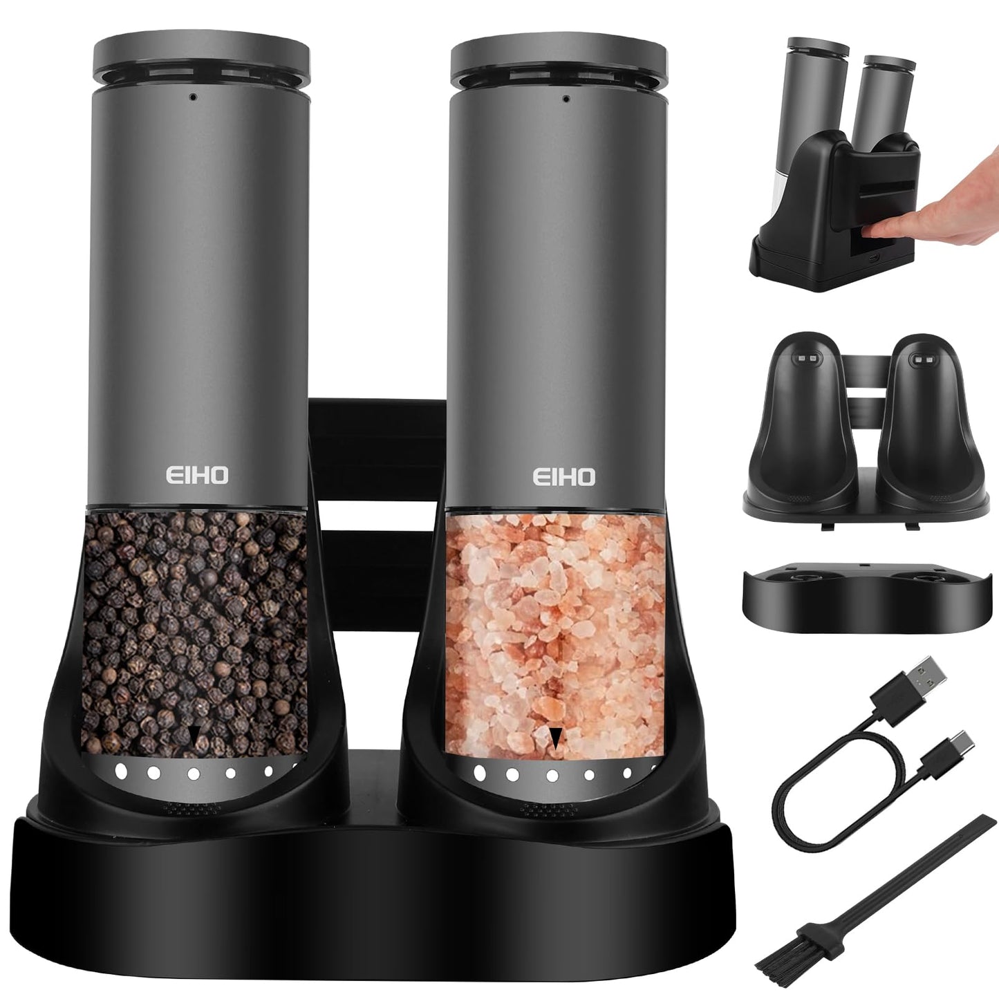EIHO Electric Salt and Pepper Grinder Set USB Rechargeable, Upgraded External Adjustable Coarseness, Aluminum Alloy Automatic Salt and Pepper Shakers Mills with LED Light, House Warming Cooking Gifts