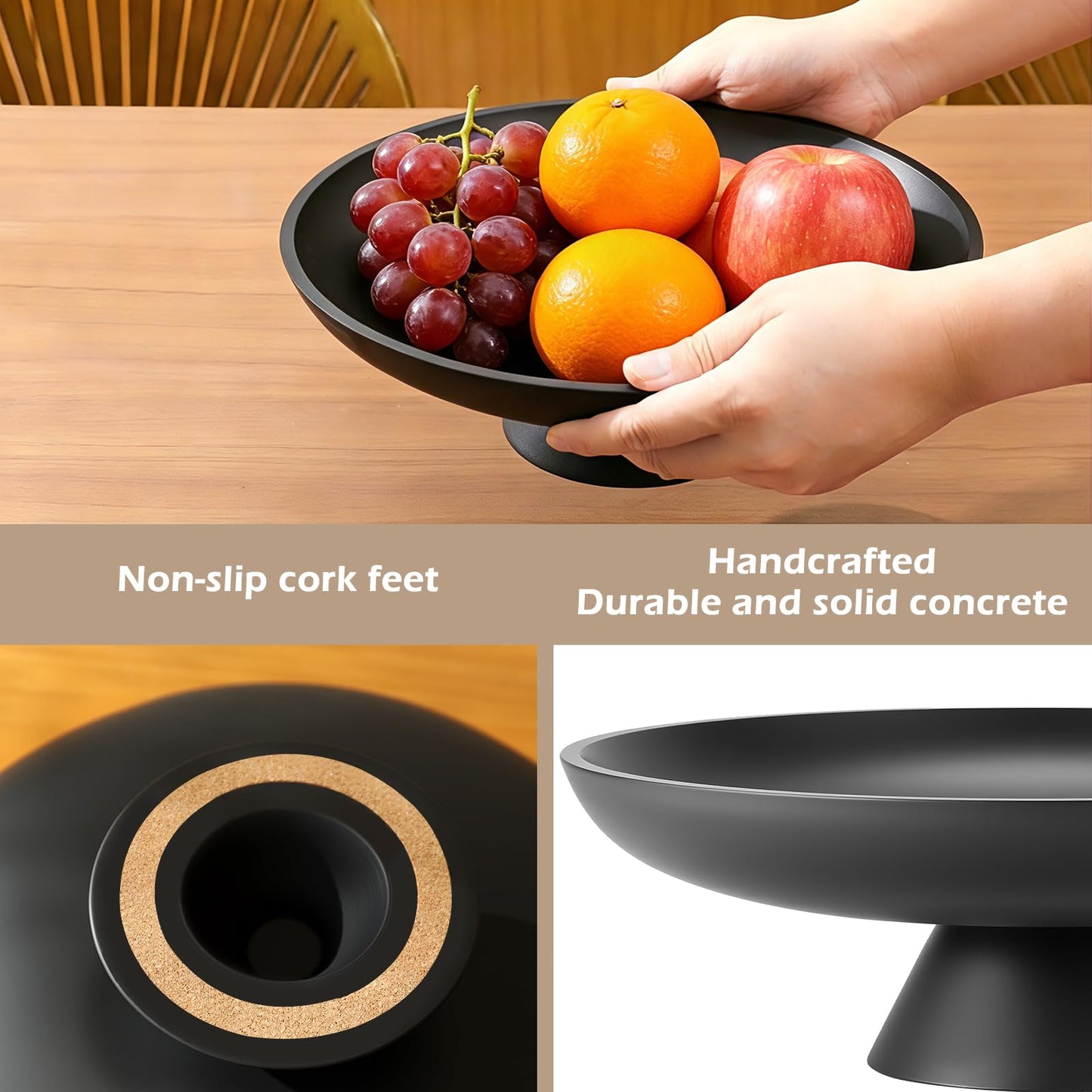 Large Fruit Bowl for Kitchen Counter, Concrete Decorative Bowls for Home Decor, Modern Key Bowl for Entryway Table (Black)