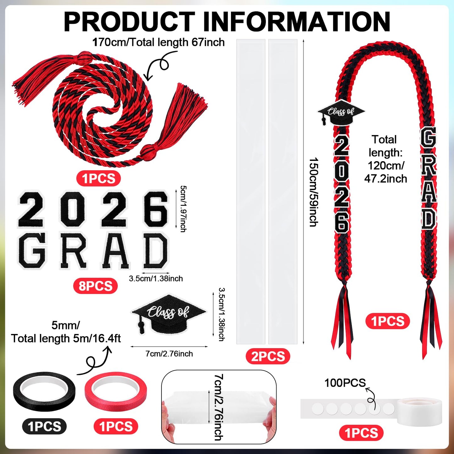 Eshylala Graduation Ribbon Lei Class of 2026 Graduation Leis Kit Grad Handmade Double Braided Necklace Honor Cord with Tassel and Number Patch Set for Graduation Party School Gift (Red)