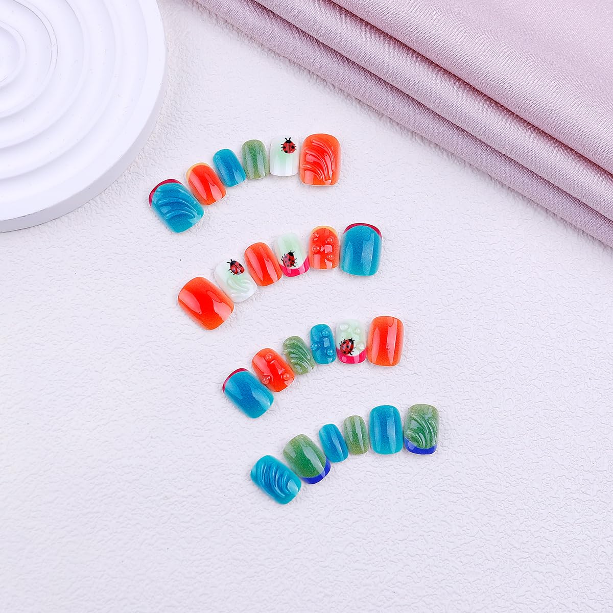 plalely Press on Nails Short Square Colorful Acrylic Fake Nail with 3D Water Drop and Ladybug Designs Short Press on Nails for Women 24pcs