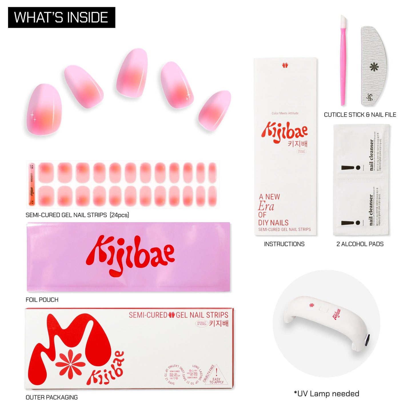 Kijibae Semi Cured Gel Polish Strips | 24pc UV LED Required Wraps | Gift Peel and Stick Nails | Coquette DIY Home Manicure | Press On Alternative (Rainbow Sherbet)