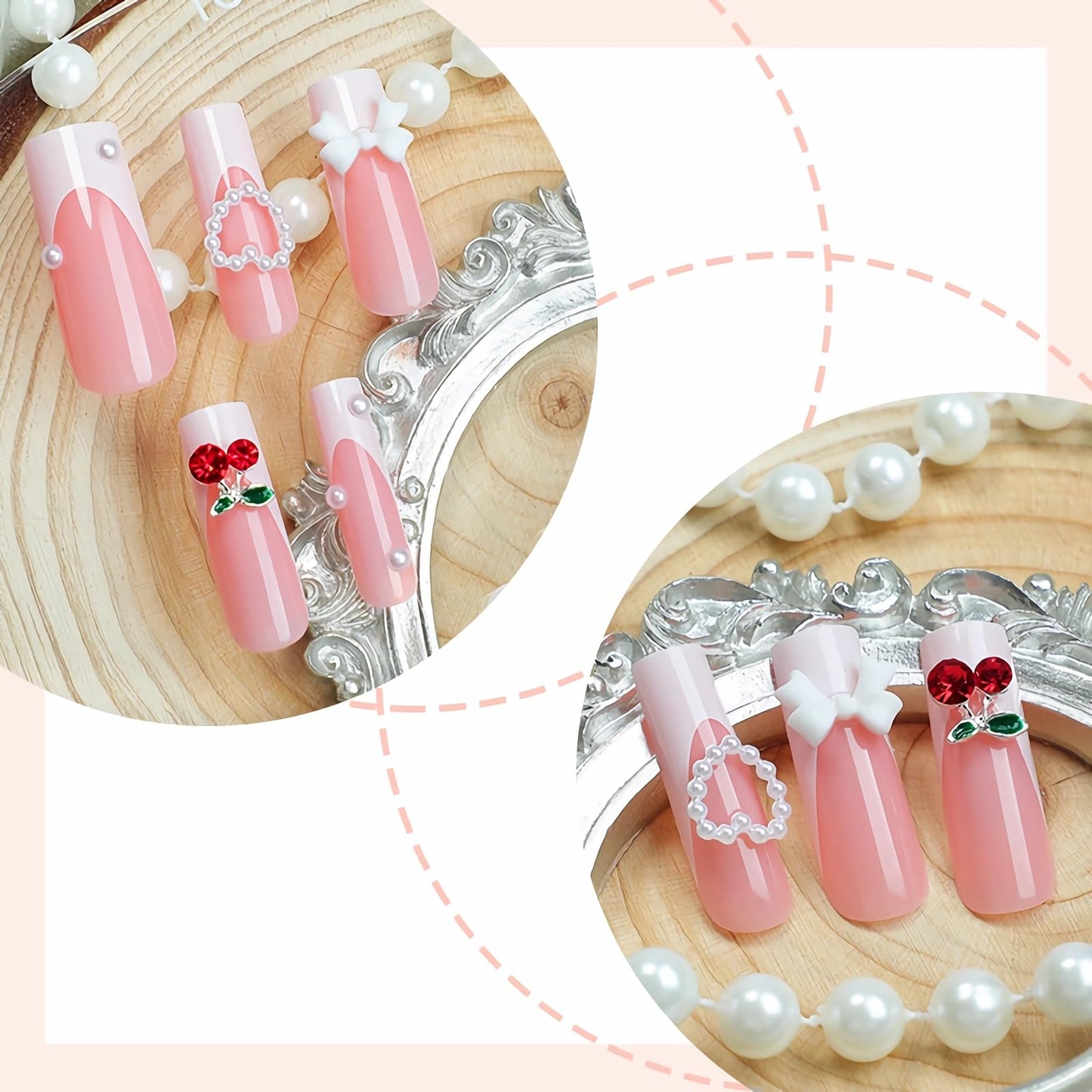BABALAL Long Square Press on Nails, White French Tip Heart Bow Cherry Charm Acrylic Nails Squoval Glue on Nails 24 Pieces
