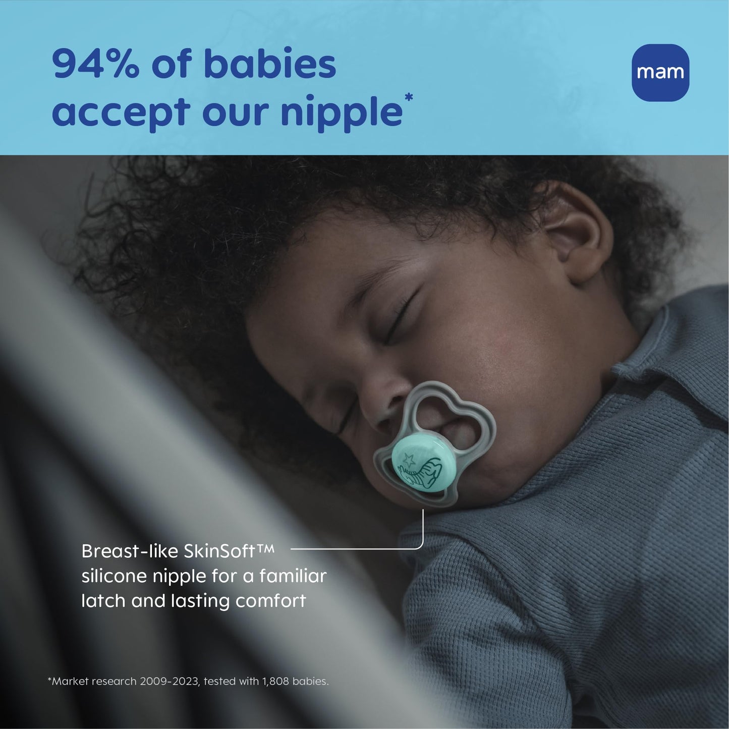 MAM Air Pacifier for Babies 6-16 Months, Extra Air Flow for Sensitive Skin, Glows in The Dark, Developed with Medical Experts, BPA-Free Skin Soft Silicone, 4 Count, Made in Europe