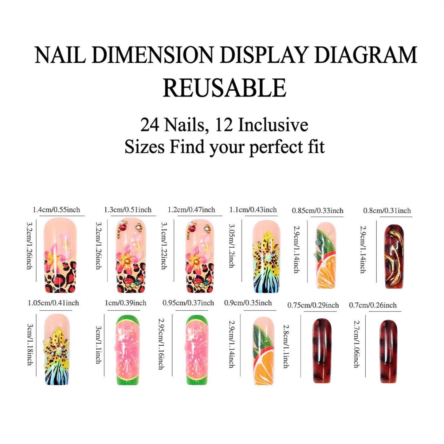 IMRAIN Square Press on Nails, Long Fake Nails, Colorful 3D Flower Tropical Fruit Leopard, 24 Pcs Reusable Glue on Nails for Women, Salon Quality