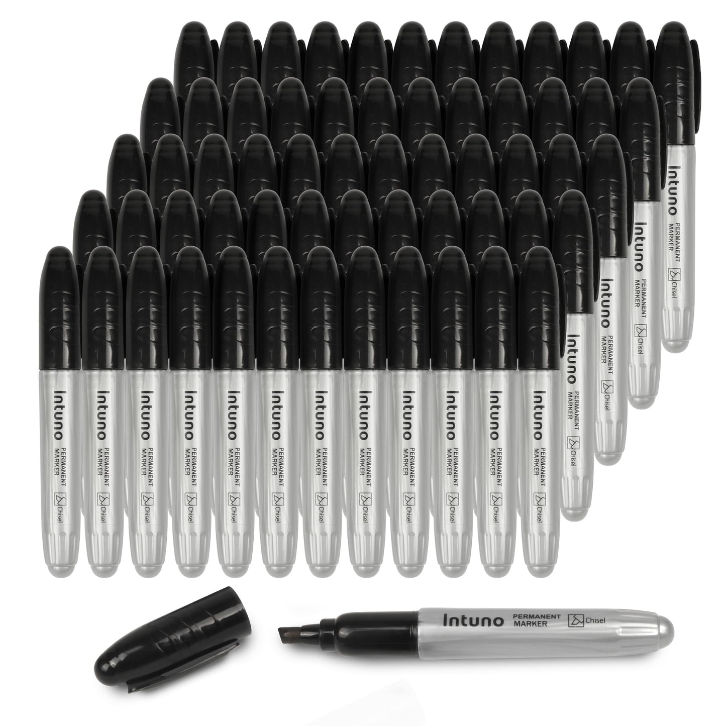 INTUNO Jumo Permanent Markers, 60 Count Black, Chisel tip, Oil-Based Permanent Markers, Waterproof and Fade-Resistant, for Paper, Wood, Metal, Glass and More