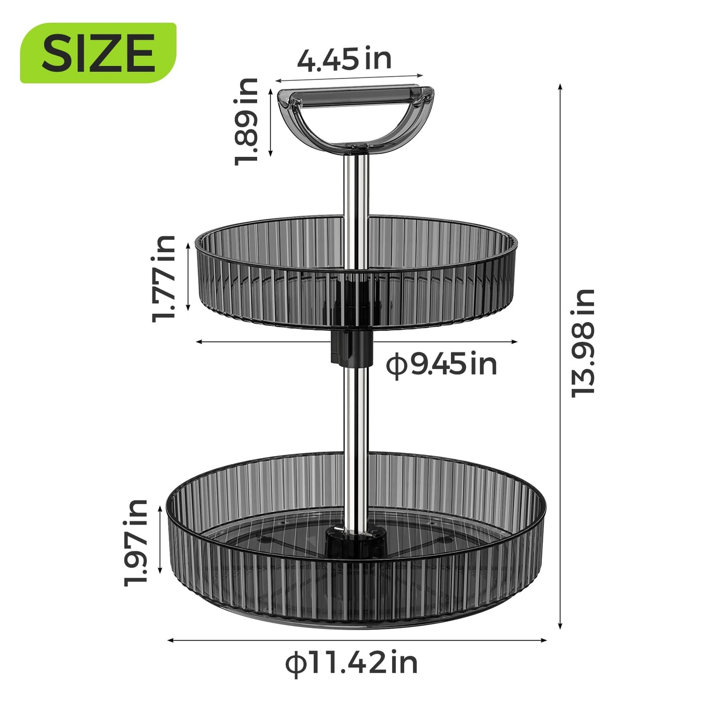 2-Tier Lazy Susan 360° Rotating Turntable Organizer Rack with Handles Height Adjustable, Spice Rack Holder Organizer for Cabinet, Pantry Organizers Bathroom Countertop Storage (Dark Gray)