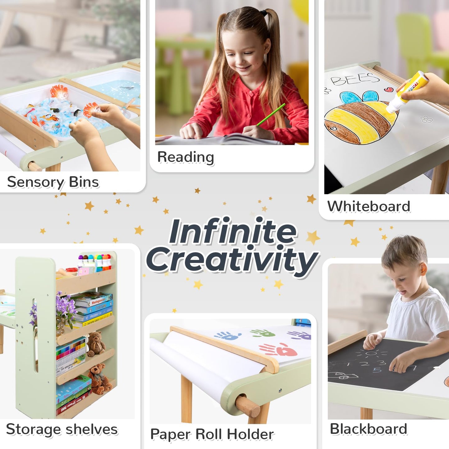 LOL-FUN Kids Sensory Art Table and Chairs Set with Storage Bins & Shelves, Toddlers Activity Table for Ages 3-8 Preschool Sand and Water Play, Drawing Desk with Blackboard Whiteboard