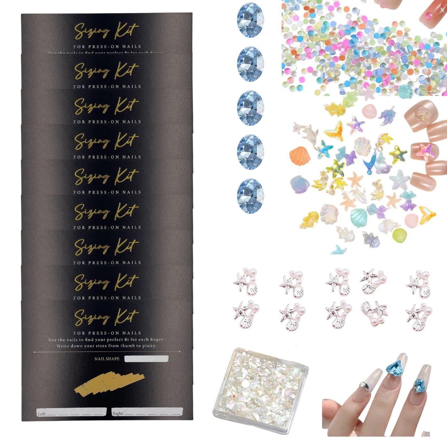 Press On Nail Sizing Card +Ocean Nail Charms Gem Kit Bundle